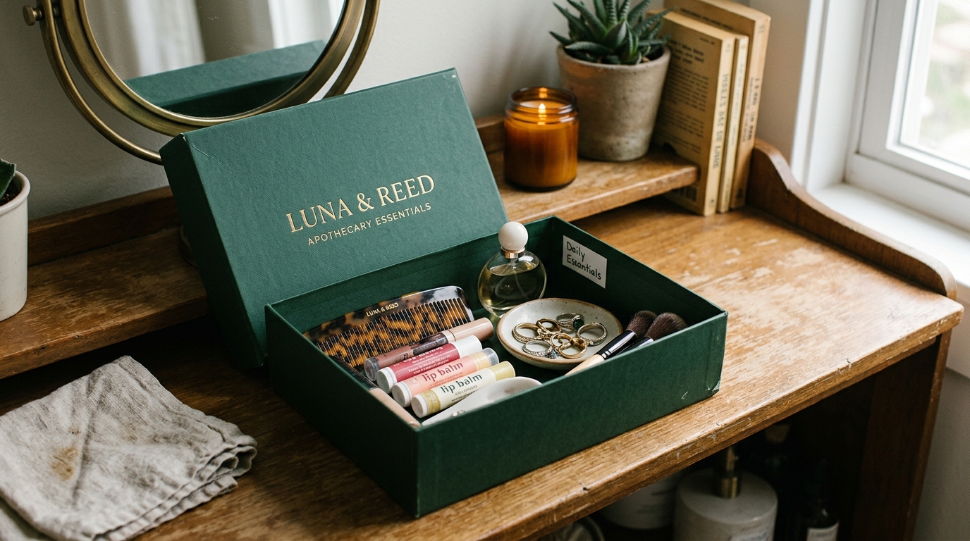 Premium branded rigid box reused as a storage organizer for beauty and lifestyle products on a wooden vanity