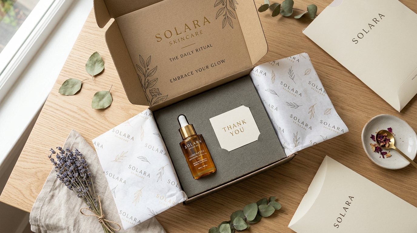 Product unboxing experience with branded custom packaging box and packaging materials