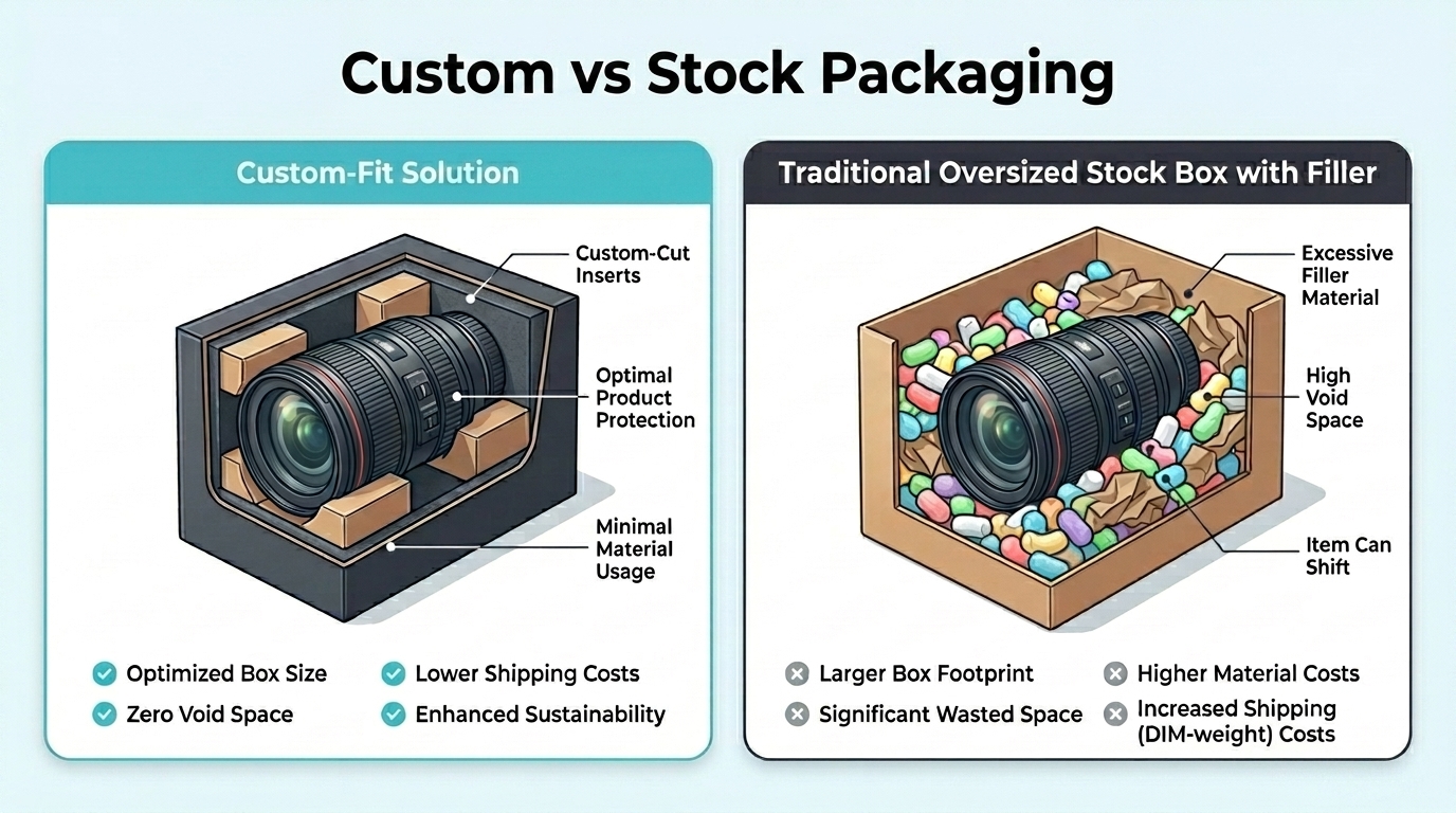 Comparison of custom-fit packaging and oversized stock packaging showing product protection, filler material, void space, and shipping efficiency differences