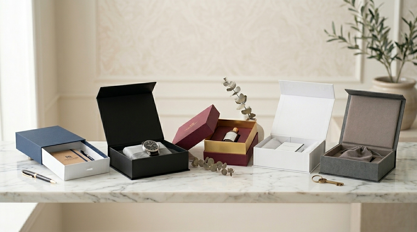 Various luxury rigid boxes including drawer boxes, magnetic closure boxes, shoulder boxes, and luxury gift packaging