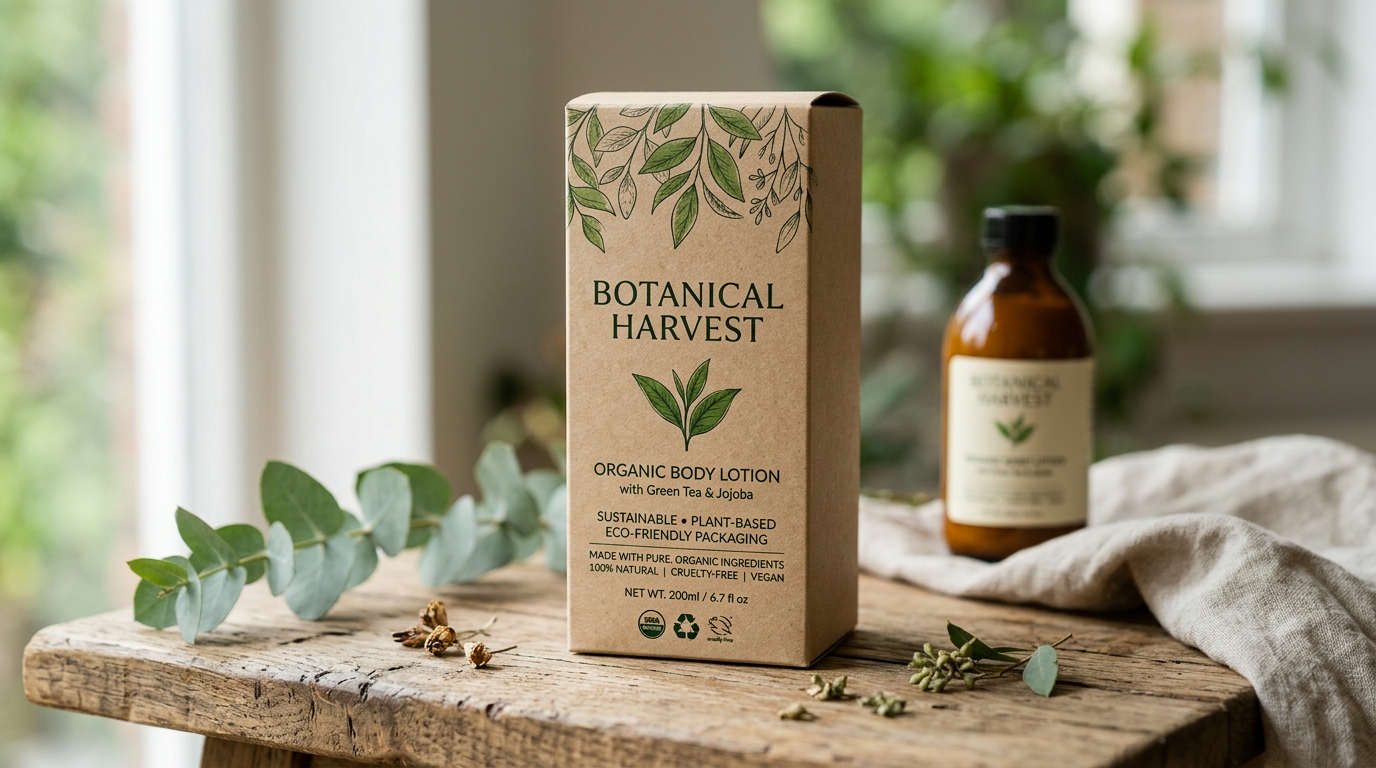 Eco-friendly kraft paper packaging box for organic body lotion with sustainable branding and natural product presentation