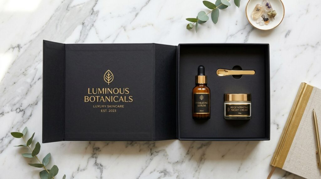 Luxury black rigid skincare packaging box with custom foam insert and gold foil branding for premium cosmetic products