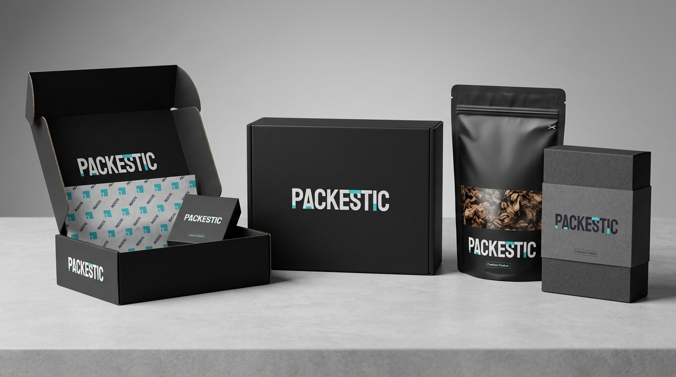 Packestic branded custom packaging collection including mailer boxes, rigid boxes, custom inserts, and stand-up pouch packaging on a grey background