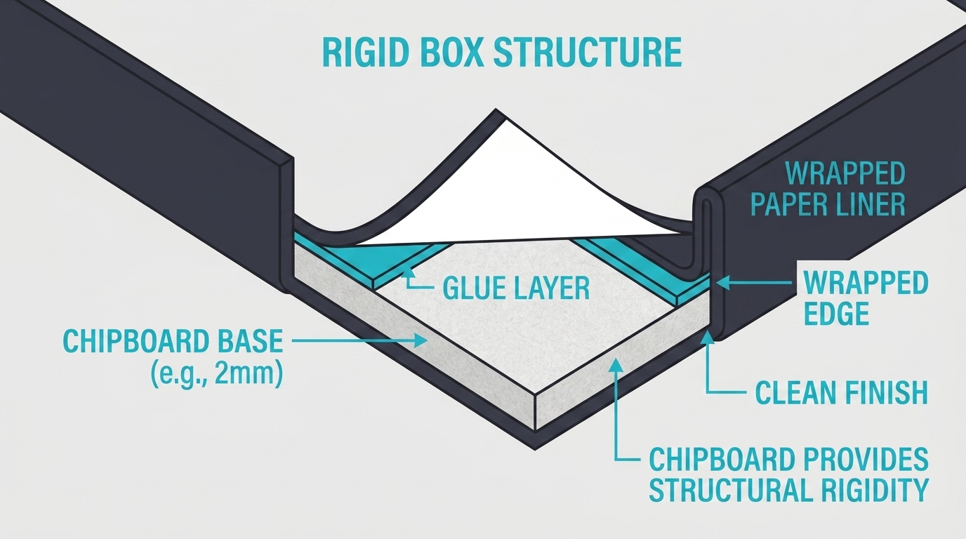 Illustration showing rigid box construction with chipboard base, wrapped paper liner, glue layer, and structural rigid packaging components