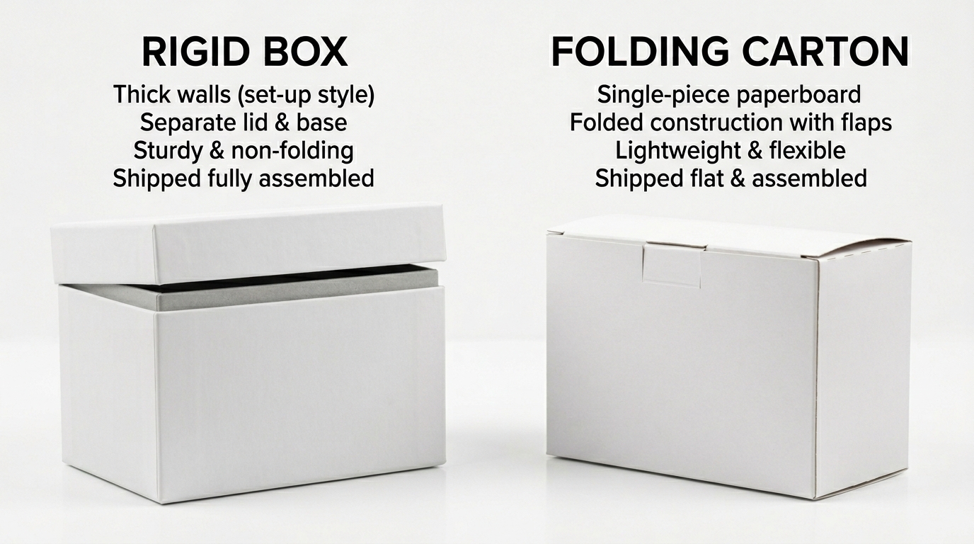 Comparison between rigid boxes and folding cartons showing structure, durability, and construction differences