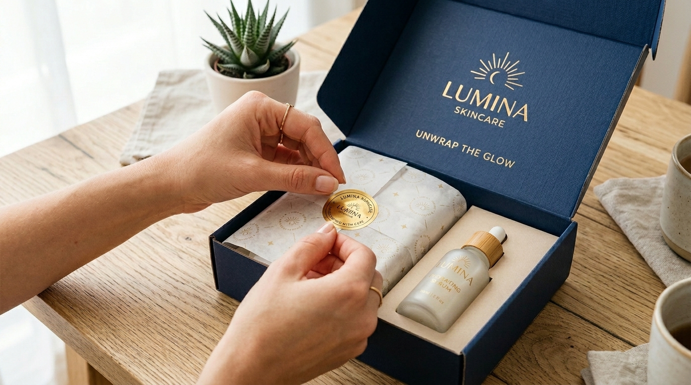 “Luxury skincare product unboxing experience with branded custom packaging box, tissue wrap, and premium insert packaging